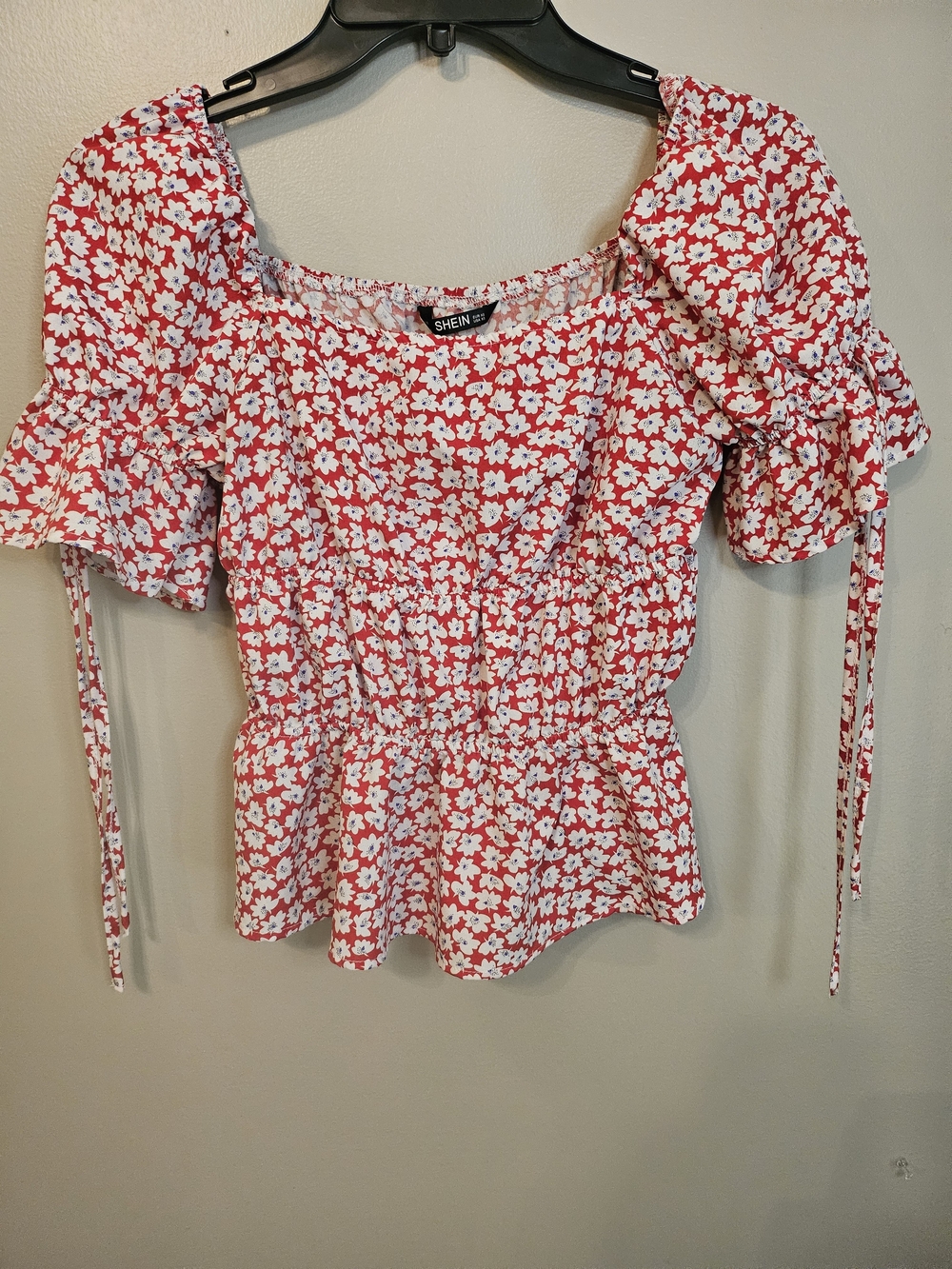 Peasant Style Red Floral Square-Neck Peplum Top